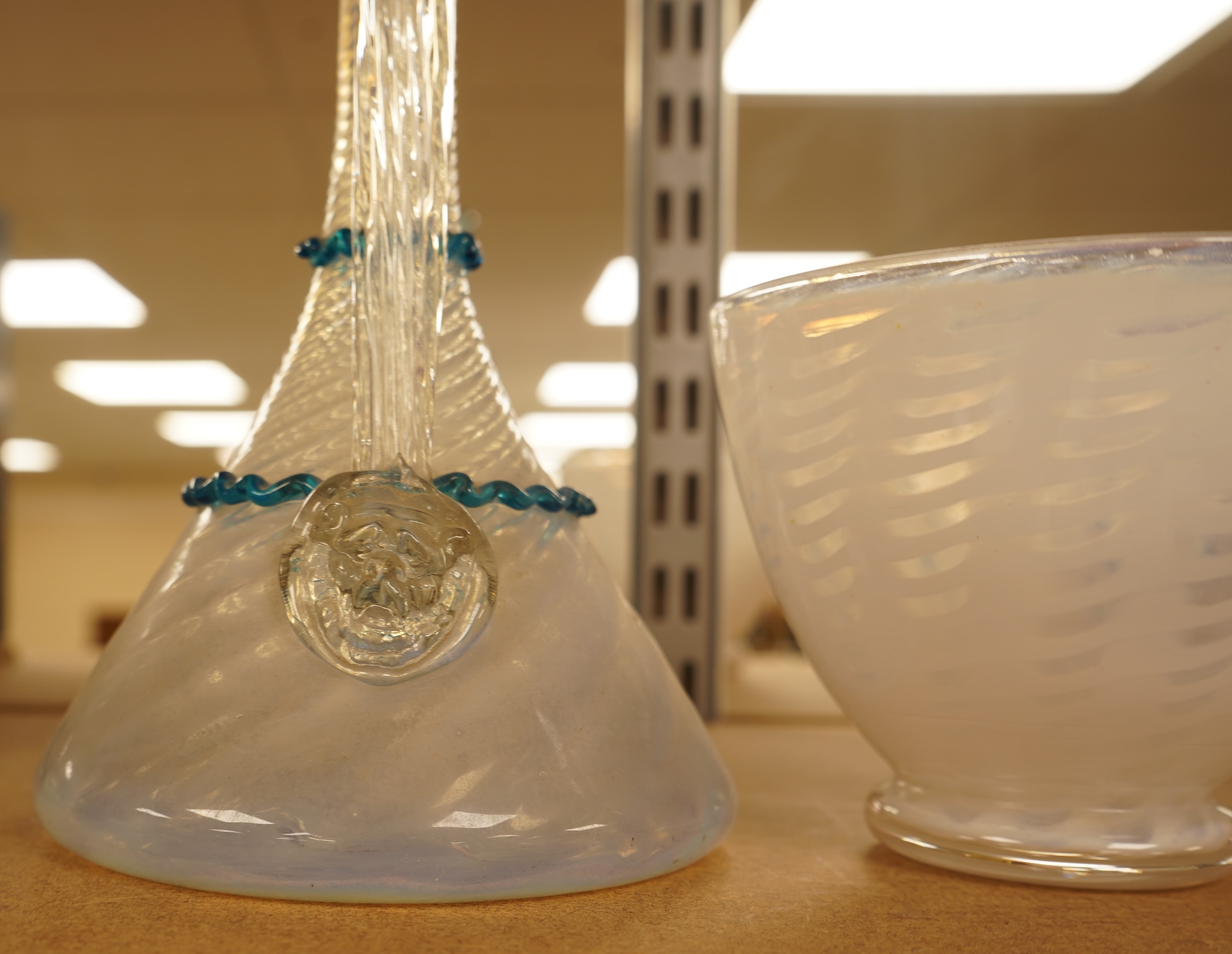 An opalescent white threaded glass bowl by William Butler for James Powell, together with Murano glass jug- 21.5cm high.